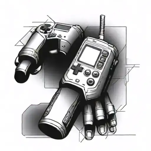 A tattoo of a computer game controller integrated into a futuristic bionic arm design, representing the client's passion for gaming and technology tattoo design idea