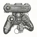 A tattoo of a computer game controller integrated into a futuristic bionic arm design, representing the client's passion for gaming and technology tattoo design idea