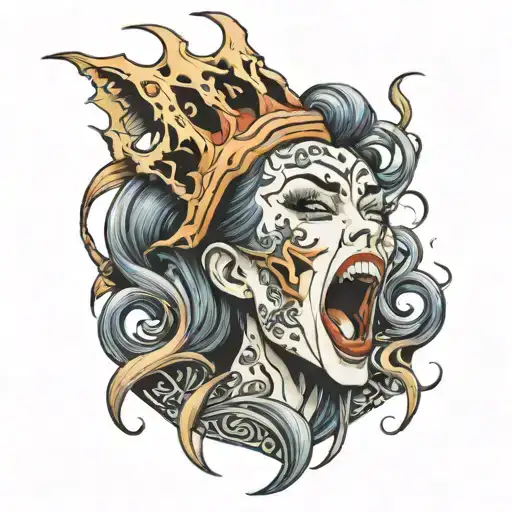 screaming banshee beautiful woman oversized mouth tattoo design idea