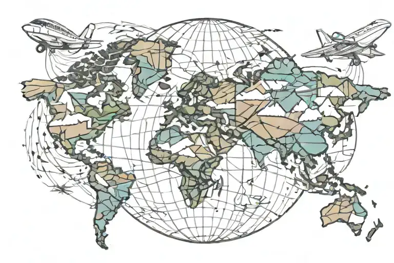 globe world map simple mountains travel airplane  tattoo design idea