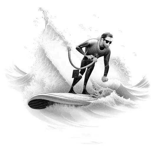 A black-grey tattoo of a finance engineer navigating turbulent waters on a surfboard tattoo design idea
