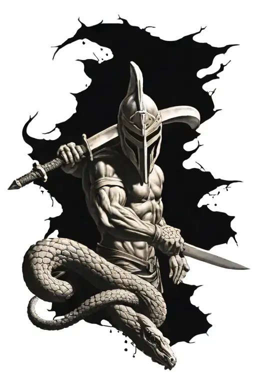 spartan holding their sword upside down in the dirt. a snake is slithering up and coiling around the sword  tattoo design idea