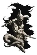 spartan holding their sword upside down in the dirt. a snake is slithering up and coiling around the sword  tattoo design idea