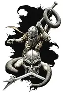 spartan holding their sword upside down in the dirt. a snake is slithering up and coiling around the sword  tattoo design idea