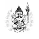 little cute Buddha smiling with  a flame in his namasthe folded hand tattoo design idea
