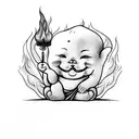 little cute Buddha smiling with  a flame in his namasthe folded hand tattoo design idea