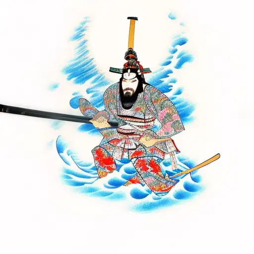 samurai slashing through tsunami with coy fishing above the samurai  tattoo design idea