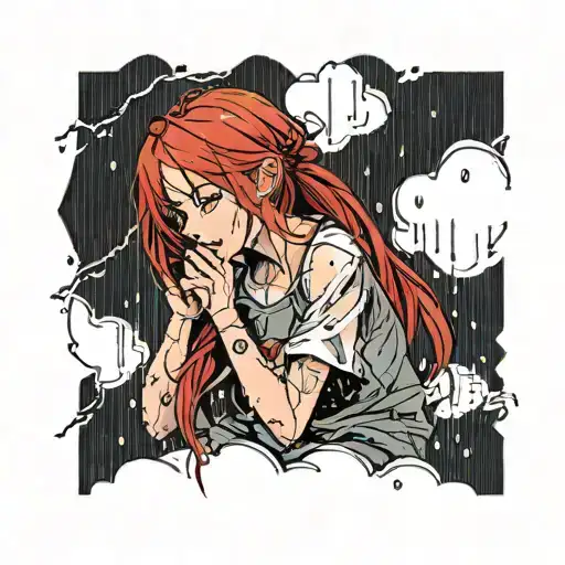 A girl with red hair, crying in the rain tattoo design idea