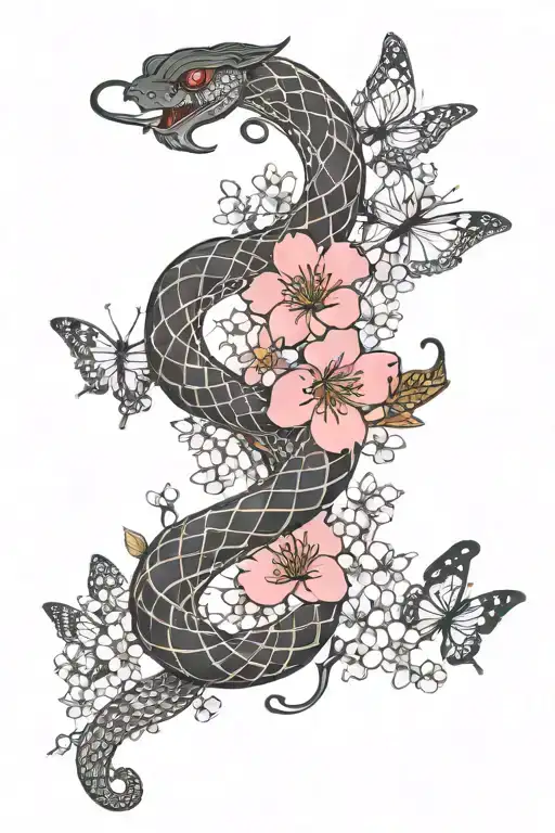 snake, aries zodiac symbol, butterfly and cherry blossom flowers tattoo design idea