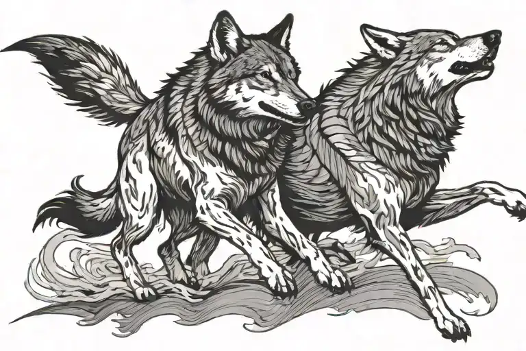 a side view of two wolves running from one direction toward an eclipse on the right tattoo design idea