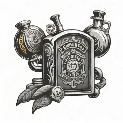 slot machine, police badge, rum bottle pouring tattoo design idea
