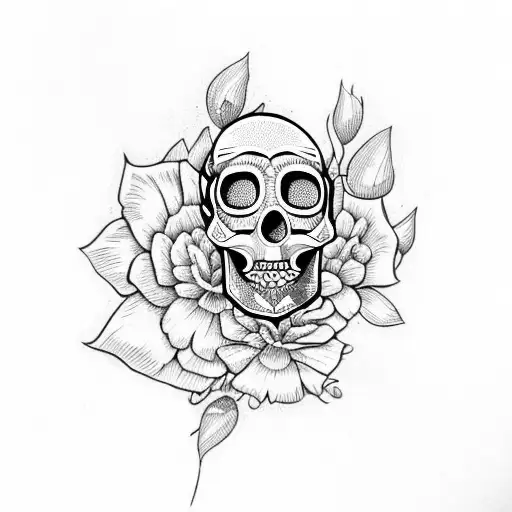 skull with white flower a and butterfly blue  tattoo design idea
