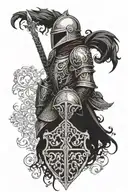 - A knight in dark, worn armor, with gothic and ornamental details - A helmet with a visor covering tattoo design idea