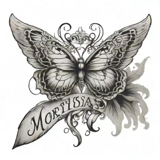 written "MORTISIA" with the required specifications: half a butterfly wing drawn on the M, half an angel wing on the A tattoo design idea