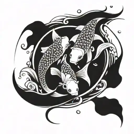 mother and daughter koi fish with flowing fins swimming in the water circle  tattoo design idea