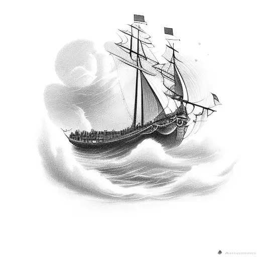 A seafarer's ship sailing through a stormy sky filled with basketball-shaped clouds tattoo design idea