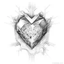 A chilling scene of a god's heart frozen in a block of ice, shattered by a warrior's strike tattoo design idea