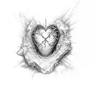 A chilling scene of a god's heart frozen in a block of ice, shattered by a warrior's strike tattoo design idea