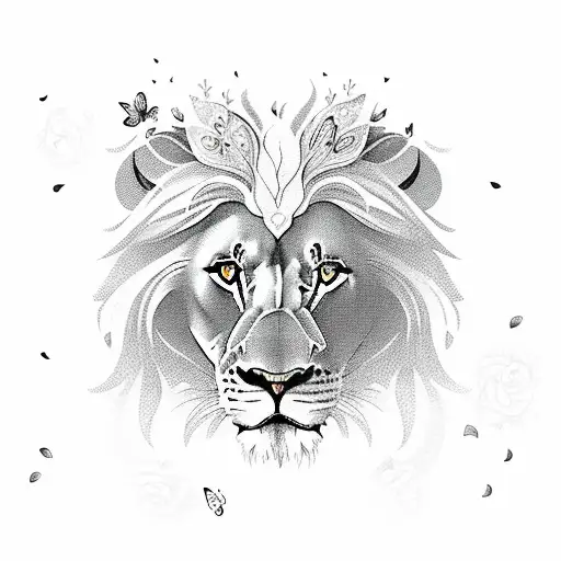 Lion with Butterflies and Roses tattoo design idea
