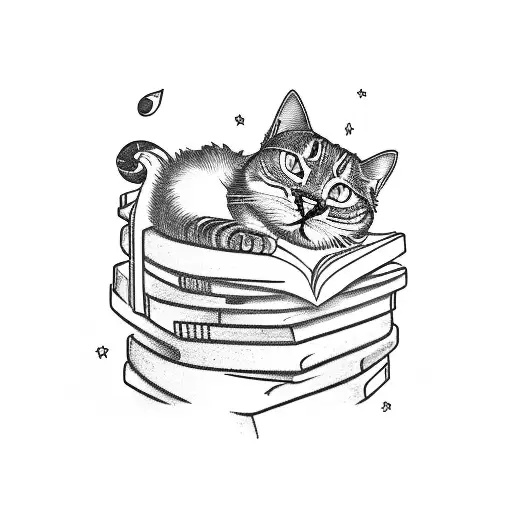 A bookshelf with stacks of books and a cat curled up on top tattoo design idea