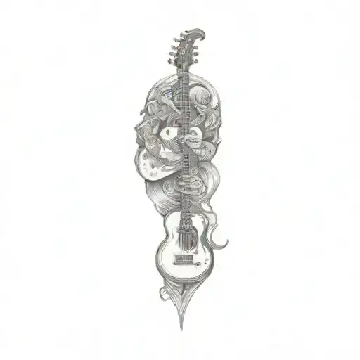 a demon with a jester head behind a guitar tattoo design idea
