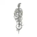 a demon with a jester head behind a guitar tattoo design idea