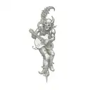 a demon with a jester head behind a guitar tattoo design idea