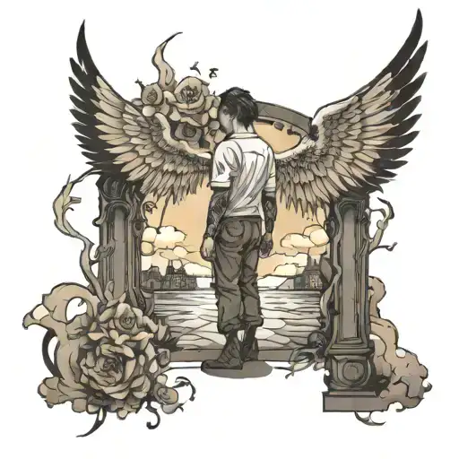 Man facing the gates of heaven something angelic something tattoo design idea