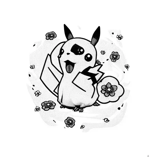 A loose bouquet of forget me knots and pikachu at the bottom holding them tattoo design idea