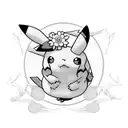 A loose bouquet of forget me knots and pikachu at the bottom holding them tattoo design idea