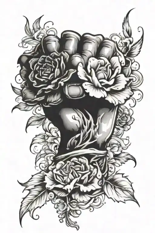closed metal fist of flowers blooming tattoo design idea