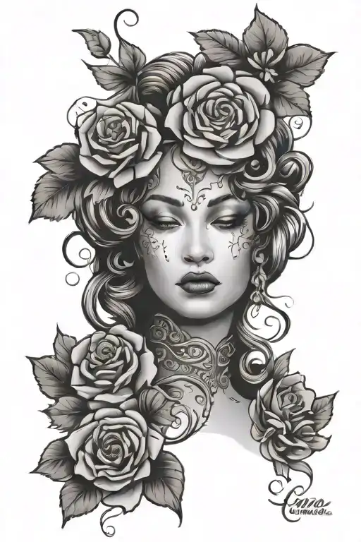 floral lady head tattoo design idea