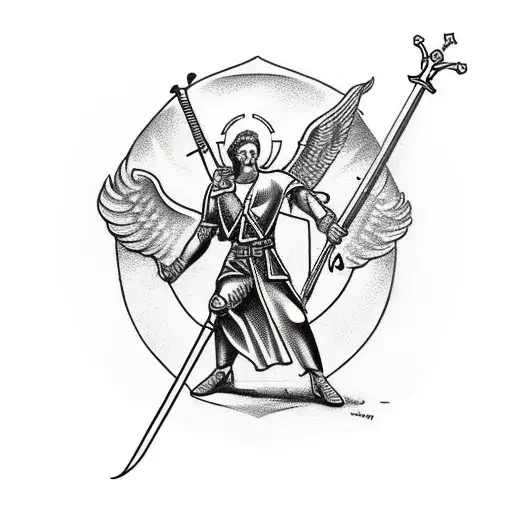 st Michael on one knee with sword and shield tattoo design idea