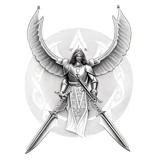 st Michael on one knee with sword and shield tattoo design idea