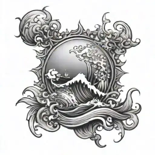trident, waves, sun tattoo design idea