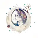 moon and laurel crown, watercolor style, saturated autumn colors tattoo design idea