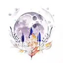 moon and laurel crown, watercolor style, saturated autumn colors tattoo design idea