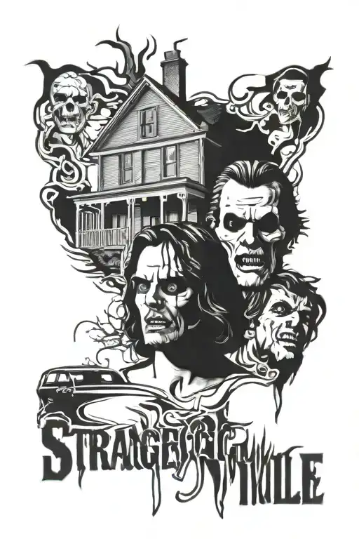 a horror movie themed tattoo using the movies Amnityville horror, the strangers and sinister tattoo design idea