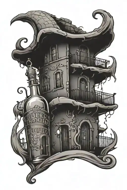 a haunted house w tequila bottle tattoo design idea