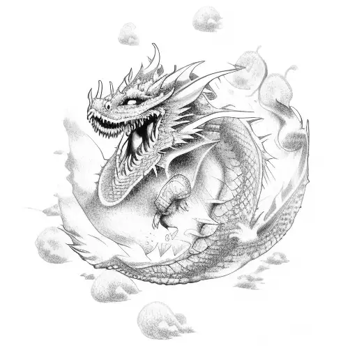 A wise old dragon breathing fire in a dotwork style tattoo design idea