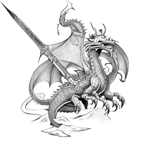 A fierce Viking warrior riding a dragon tattoo design idea