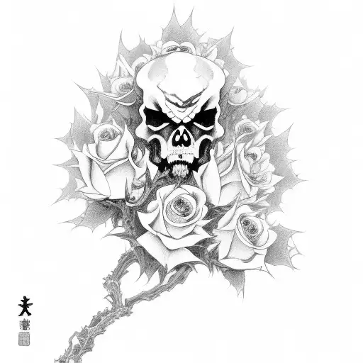 A death god inspired by Japanese folklore holding a bouquet of black roses tattoo design idea