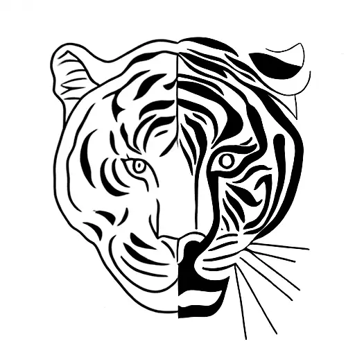 A face split into two halfes, the left half is a woman the right half a tiger tattoo design idea