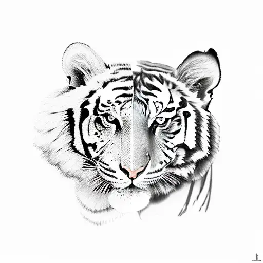 A face split into two halfes, the left half is a woman the right half a tiger tattoo design idea