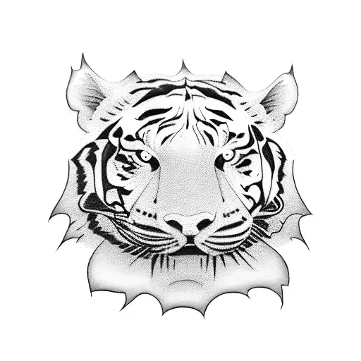 A face split into two halfes, the left half is a woman the right half a tiger tattoo design idea