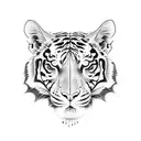 A face split into two halfes, the left half is a woman the right half a tiger tattoo design idea
