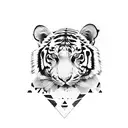 A face split into two halfes, the left half is a woman the right half a tiger tattoo design idea