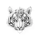 A face split into two halfes, the left half is a woman the right half a tiger tattoo design idea