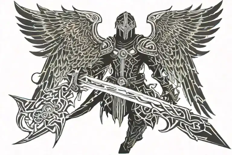 Warrior holding sword with burning wings  tattoo design idea