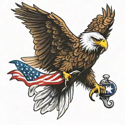 bald eagle holding a fish with wings usa flag color tattoo design idea